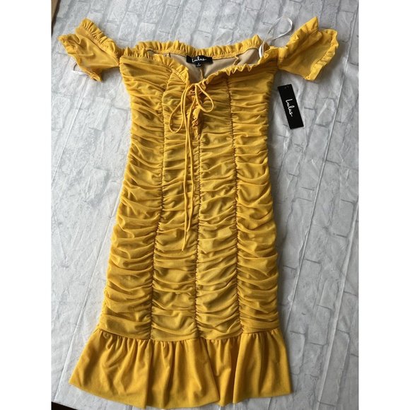 Lulus Dress Kris Mustard Yellow Ruched Off-The-Shoulder Bodycon Dress Nwt Mini S - Picture 4 of 10
